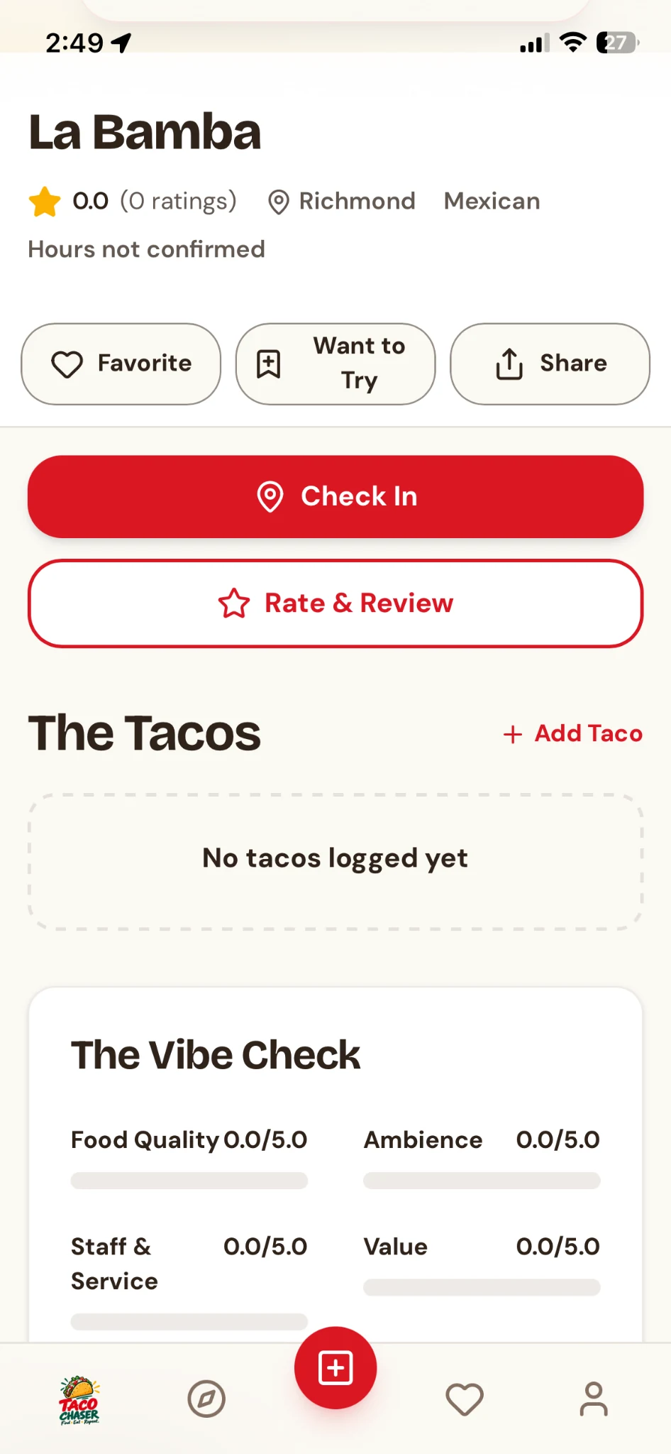Taco Chaser restaurant detail screen with rating, check in, and taco features