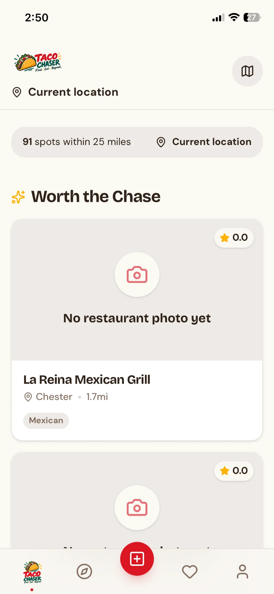 Taco Chaser home screen showing nearby taco restaurants
