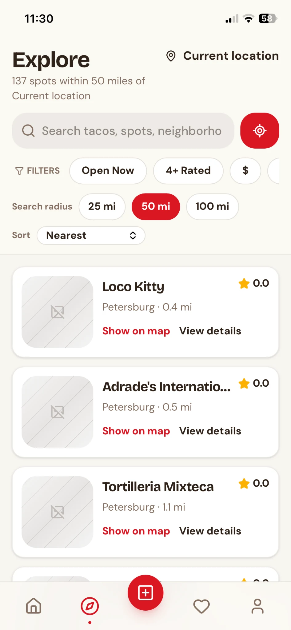 Explore list view with radius and filters