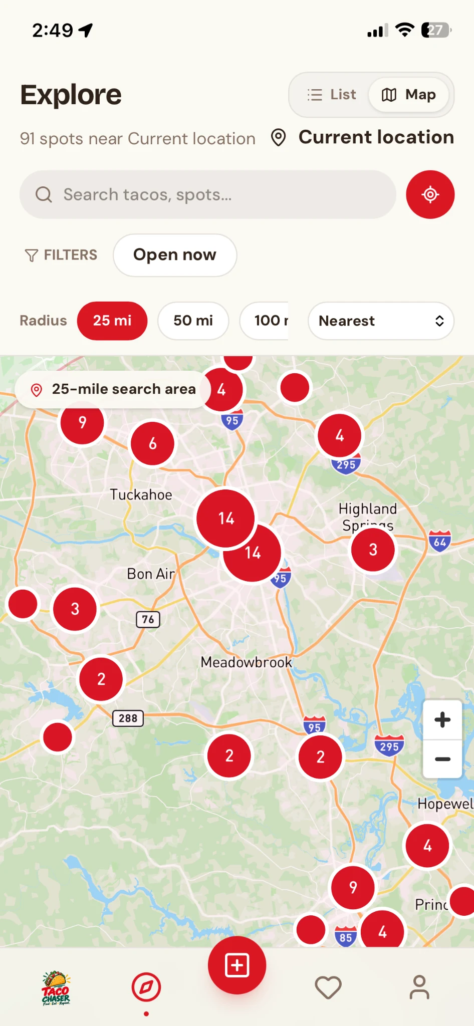Taco Chaser Explore map showing taco spots nearby
